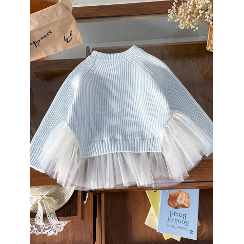 女童針織衫毛衣2025秋季新款洋氣網紗拼接甜美時尚公主風毛衣裙 女童針織衫毛衣2025秋季新款洋氣網紗拼接甜美時尚公主風毛衣裙