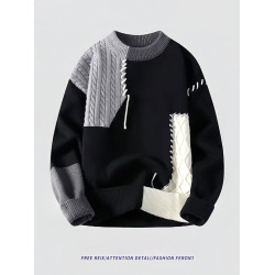 美式撞色拼接圓領毛衣男款秋冬季高級感痞帥小衆設計感針織打底衫