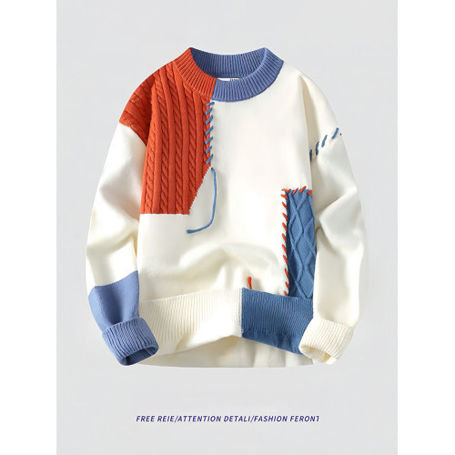 美式撞色拼接圓領毛衣男款秋冬季高級感痞帥小衆設計感針織打底衫