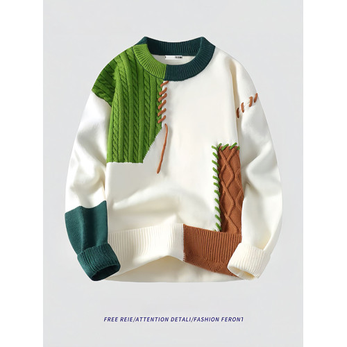 美式撞色拼接圓領毛衣男款秋冬季高級感痞帥小衆設計感針織打底衫