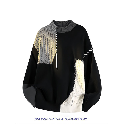 美式撞色拼接圓領毛衣男款秋冬季高級感痞帥小衆設計感針織打底衫