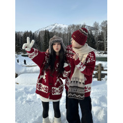 情侶裝秋冬高級感紅色毛衣開衫ins超火費爾島麋鹿聖誕針織衫外套
