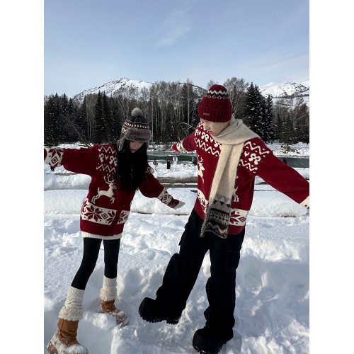 情侶裝秋冬高級感紅色毛衣開衫ins超火費爾島麋鹿聖誕針織衫外套