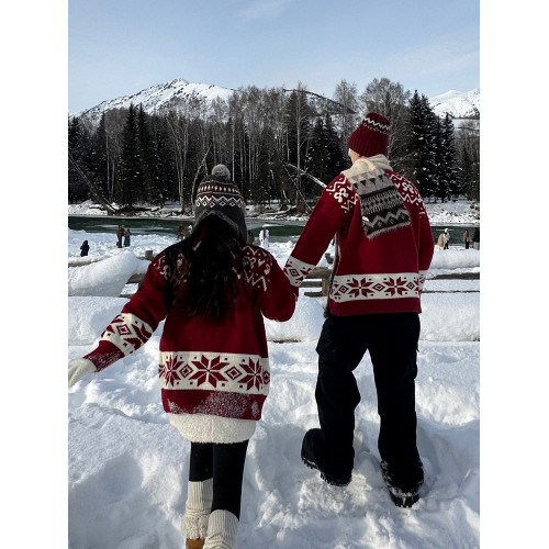 情侶裝秋冬高級感紅色毛衣開衫ins超火費爾島麋鹿聖誕針織衫外套