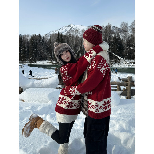 情侶裝秋冬高級感紅色毛衣開衫ins超火費爾島麋鹿聖誕針織衫外套