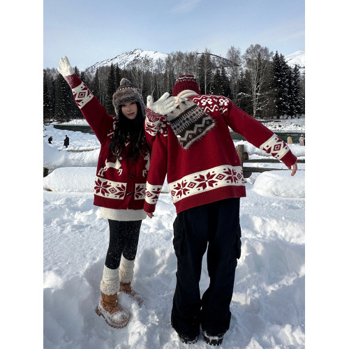 情侶裝秋冬高級感紅色毛衣開衫ins超火費爾島麋鹿聖誕針織衫外套