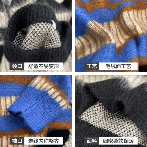 NOONOZ馬海毛條紋美式復古毛衣男潮牌秋冬慵懶oversize情侶針織衫