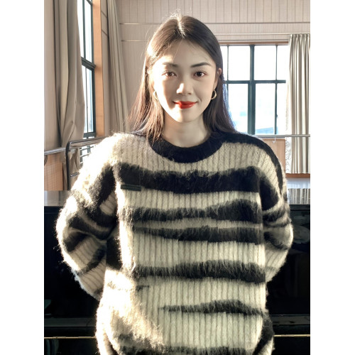 NOONOZ馬海毛條紋美式復古毛衣男潮牌秋冬慵懶oversize情侶針織衫