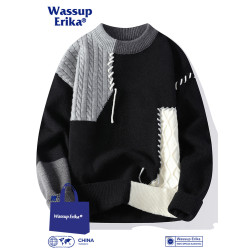 WASSUP ERIKA拼接圓領毛衣男秋冬季加絨情侶款撞色慵懶風針織衫