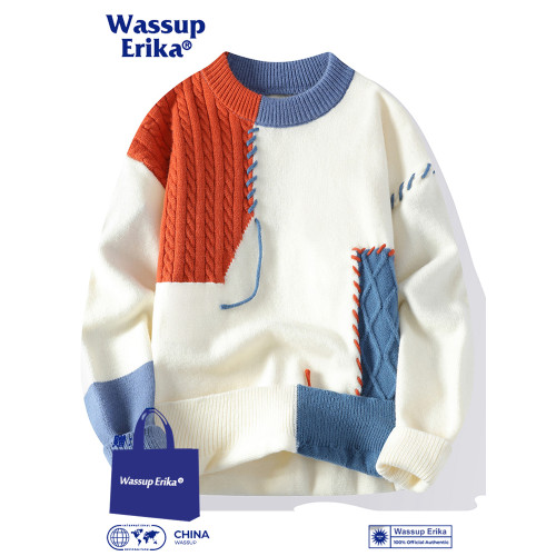 WASSUP ERIKA拼接圓領毛衣男秋冬季加絨情侶款撞色慵懶風針織衫