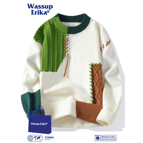 WASSUP ERIKA拼接圓領毛衣男秋冬季加絨情侶款撞色慵懶風針織衫