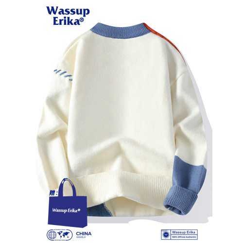 WASSUP ERIKA拼接圓領毛衣男秋冬季加絨情侶款撞色慵懶風針織衫