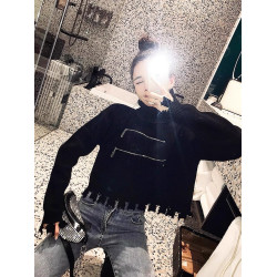 高領短款外穿毛衣女2023秋冬新款拉鍊小衆設計感寬松針織打底上衣