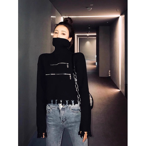 高領短款外穿毛衣女2023秋冬新款拉鍊小衆設計感寬松針織打底上衣 高領短款外穿毛衣女2023秋冬新款拉鍊小衆設計感寬松針織打底上衣