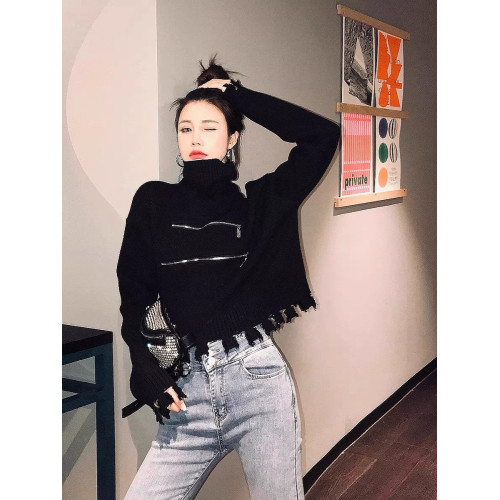 高領短款外穿毛衣女2023秋冬新款拉鍊小衆設計感寬松針織打底上衣 高領短款外穿毛衣女2023秋冬新款拉鍊小衆設計感寬松針織打底上衣