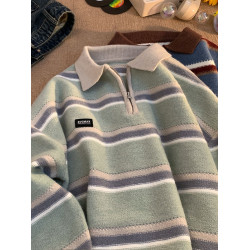 日系復古條紋半拉鍊polo領毛衣男女冬季寬松慵懶風小衆設計感上衣