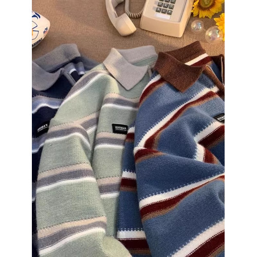 日系復古條紋半拉鍊polo領毛衣男女冬季寬松慵懶風小衆設計感上衣