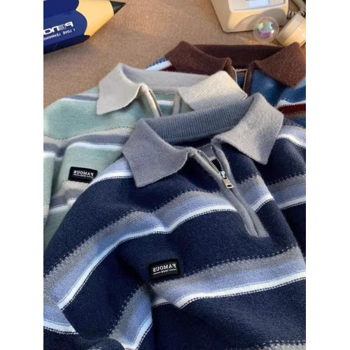 日系復古條紋半拉鍊polo領毛衣男女冬季寬松慵懶風小衆設計感上衣