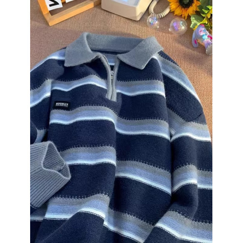 日系復古條紋半拉鍊polo領毛衣男女冬季寬松慵懶風小衆設計感上衣