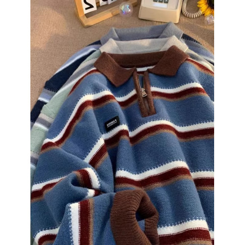 日系復古條紋半拉鍊polo領毛衣男女冬季寬松慵懶風小衆設計感上衣