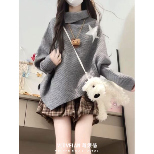 高領不規則小衆設計感毛衣女秋冬韓版寬松慵懶風軟糯針織鬭篷上衣 高領不規則小衆設計感毛衣女秋冬韓版寬松慵懶風軟糯針織鬭篷上衣