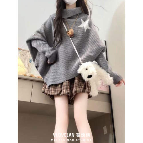 高領不規則小衆設計感毛衣女秋冬韓版寬松慵懶風軟糯針織鬭篷上衣 高領不規則小衆設計感毛衣女秋冬韓版寬松慵懶風軟糯針織鬭篷上衣