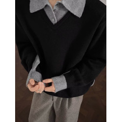 毛衣男冬日系大碼拼接復古胖子設計感圓領套頭針織衫寬鬆休閒線衣