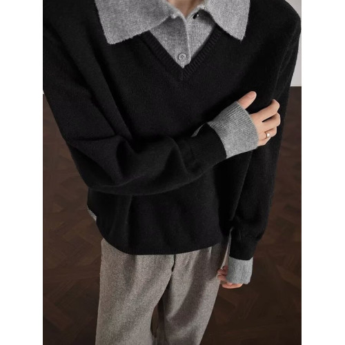 毛衣男冬日系大碼拼接復古胖子設計感圓領套頭針織衫寬鬆休閒線衣