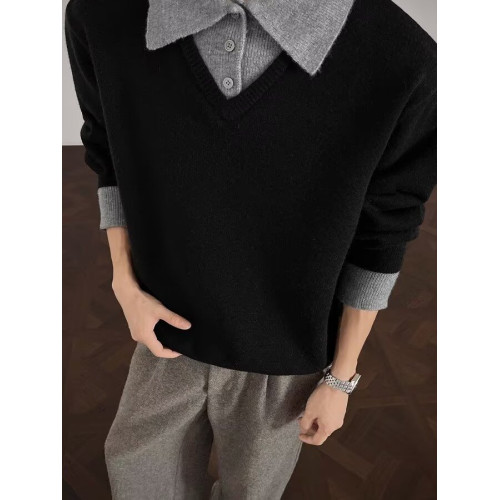 毛衣男冬日系大碼拼接復古胖子設計感圓領套頭針織衫寬鬆休閒線衣