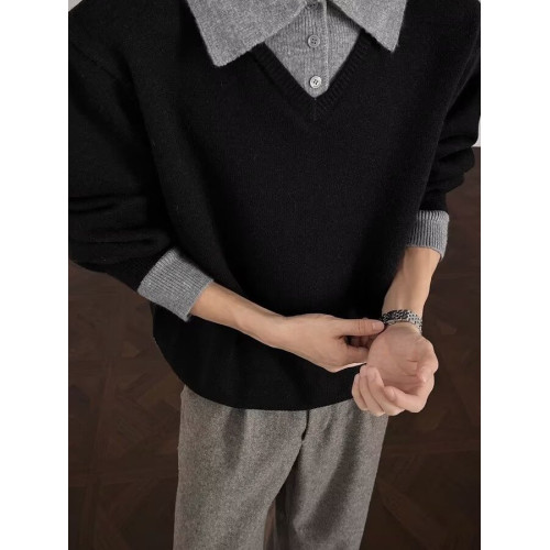 毛衣男冬日系大碼拼接復古胖子設計感圓領套頭針織衫寬鬆休閒線衣