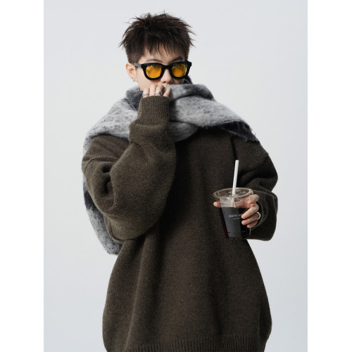 美式純色套頭針織衫男冬潮牌vintage圓領打底毛衣慵嬾風情侶線衣