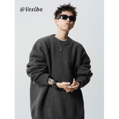 美式純色套頭針織衫男冬潮牌vintage圓領打底毛衣慵嬾風情侶線衣