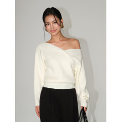 NEVA HU 交叉不規則V領露肩毛衣女寬鬆設計感長袖百搭套頭針織衫