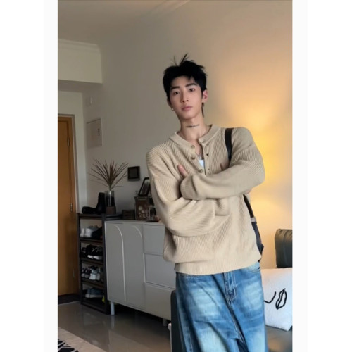 美式亨利領打底針織衫男秋冬季美拉德風復古潮牌慵懶套頭內搭毛衣