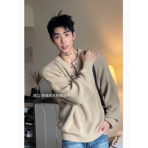 美式亨利領打底針織衫男秋冬季美拉德風復古潮牌慵懶套頭內搭毛衣