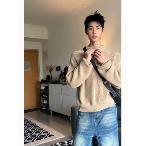 美式亨利領打底針織衫男秋冬季美拉德風復古潮牌慵懶套頭內搭毛衣