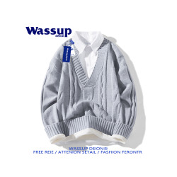 wassupdeion日系慵懶小香風針織V領毛衣男冬季假兩件加絨保暖套頭