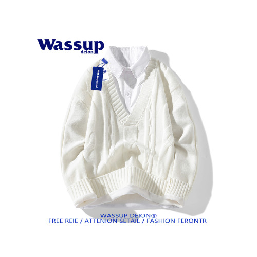 wassupdeion日系慵懶小香風針織V領毛衣男冬季假兩件加絨保暖套頭