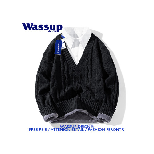 wassupdeion日系慵懶小香風針織V領毛衣男冬季假兩件加絨保暖套頭