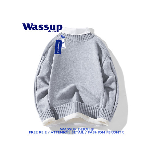 wassupdeion日系慵懶小香風針織V領毛衣男冬季假兩件加絨保暖套頭