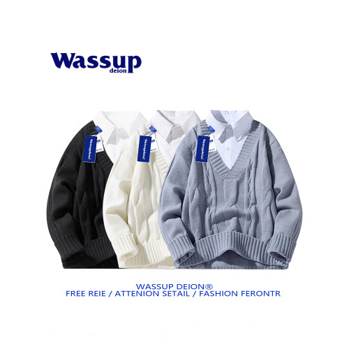 wassupdeion日系慵懶小香風針織V領毛衣男冬季假兩件加絨保暖套頭