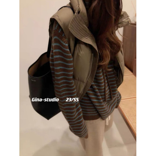 2025秋冬加厚撞色條紋羊毛連帶帽寬鬆慵嬾毛衣女設計感針織衫外穿