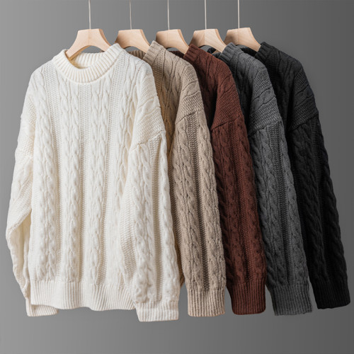 日系復古重磅高級感麻花圓領毛衣秋冬季純色寬鬆厚實保暖針織衫男