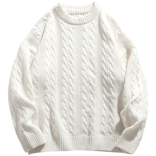 日系復古重磅高級感麻花圓領毛衣秋冬季純色寬鬆厚實保暖針織衫男