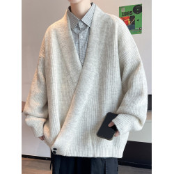 慵懶風交叉門襟V領毛衣男秋冬季外套加肥大碼潮牌寬松痞帥針織衫