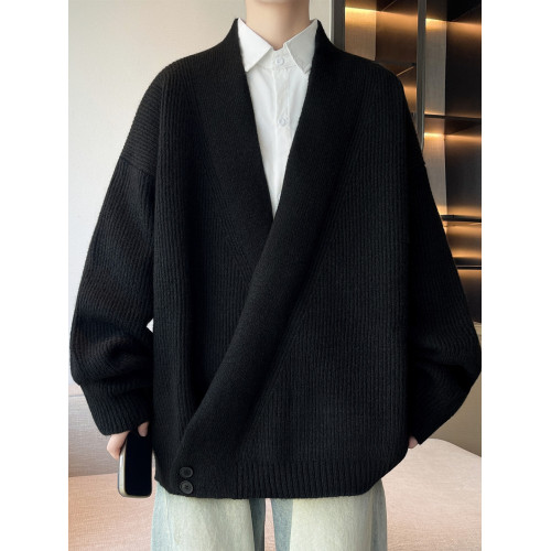 慵懶風交叉門襟V領毛衣男秋冬季外套加肥大碼潮牌寬松痞帥針織衫