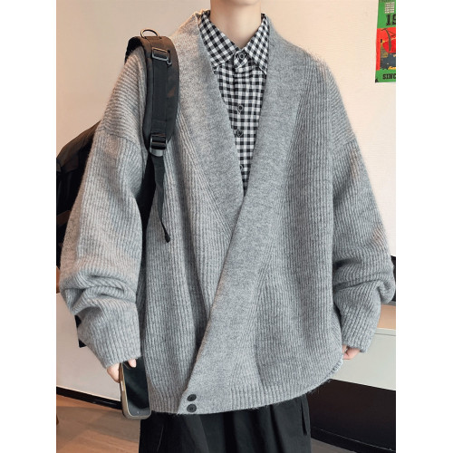 慵懶風交叉門襟V領毛衣男秋冬季外套加肥大碼潮牌寬松痞帥針織衫