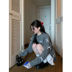 miu系蝴蝶結圓領毛衣外套女秋冬寬松慵懶風復古高知加厚針織開衫