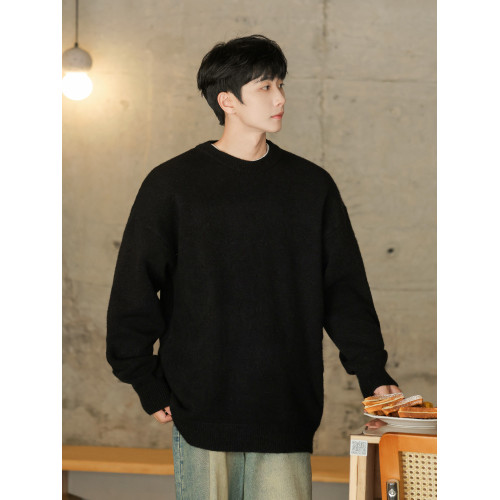 日系純黑色毛衣男士秋冬季新款加厚慵懶風針織內搭男生打底衫