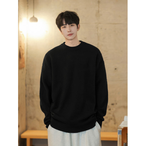 日系純黑色毛衣男士秋冬季新款加厚慵懶風針織內搭男生打底衫